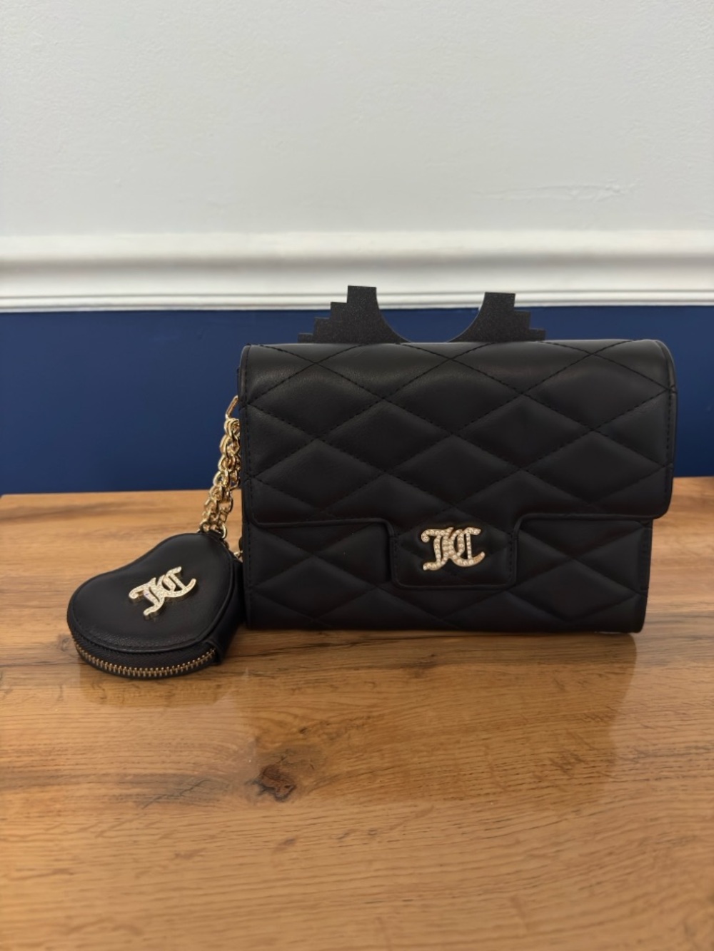 NEW Juicy Couture Quilted Black Wristlet Bag with Gold Accent and Coin Pouch